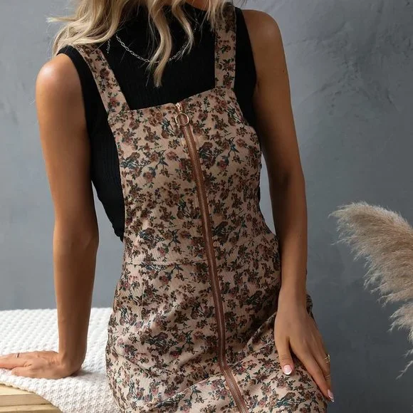 Multicolor Casual Womens Allover Floral Print Zip Front Corduroy Overall Dress - Picture 4 of 5